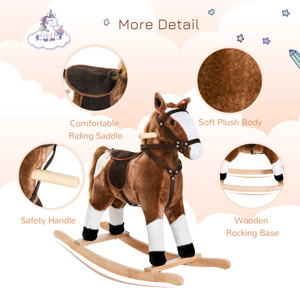 Kids Plush Rocking Horse Ride-On Toy with Realistic Sound (Brown)