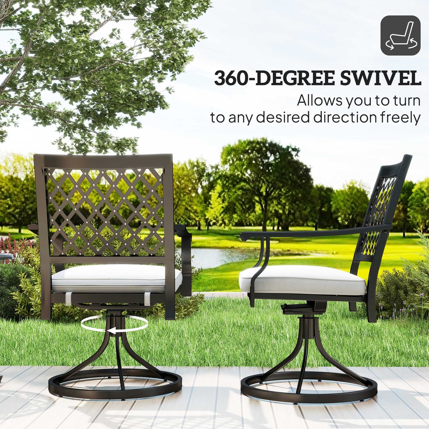 Lot de 2 chaises pivotantes et à bascule en métal avec coussin et accoudoirs