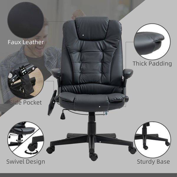 Fauteuil de bureau massant et chauffant, inclinable, pivotant, réglable, en cuir, noir