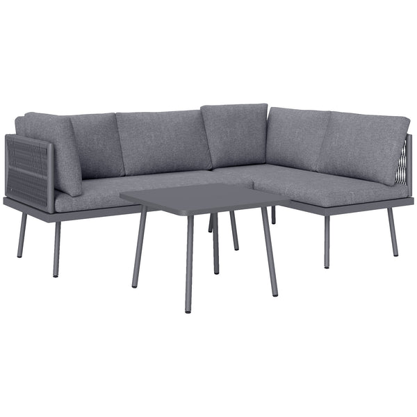 Ensemble de mobilier de jardin 3 pièces en résine tressée en forme de L avec coussins, gris
