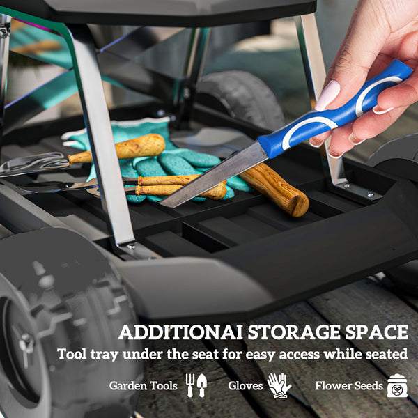 Tabouret de jardin roulant avec plateau porte-outils intégré