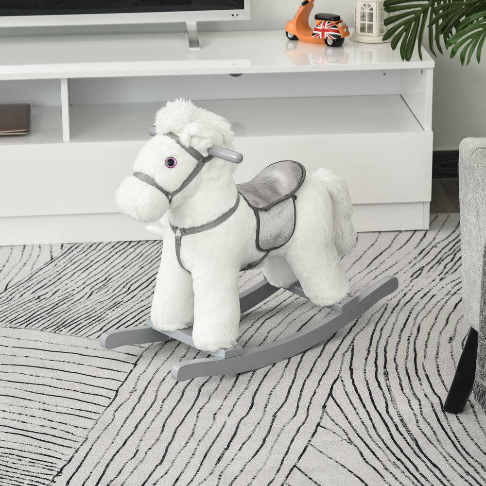 Cheval à bascule en peluche avec ours en peluche, blanc