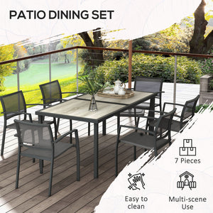 Ensemble de salle à manger d'extérieur 7 pièces avec 6 chaises empilables, table et chaises de patio avec plateau en plastique et dossier en maille respirante
