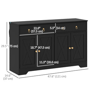 Buffet avec 2 tiroirs, 4 portes de grange et 2 étagères réglables, noir
