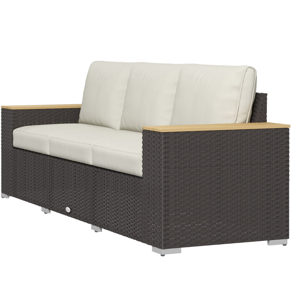 Canapé de patio 3 places en rotin synthétique blanc crème avec coussins confortables et accoudoirs en similibois, parfait pour terrasse moderne