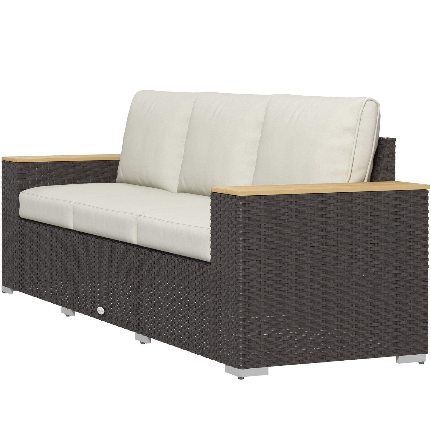 Outsunny 3 Seater Outdoor Sofa with Cushions, Synthetic Rattan Patio Sofa with Woodgrain Armrests, Outdoor Sofa for Porch, Veranda, Garden, Poolside, Cream White