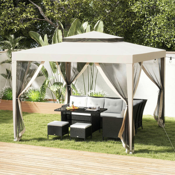 10' x 10' Canopy Tent, Party Tent with Mesh Netting and Double Tier Roof for Backyard, Garden, Patio, Outdoor, Beige