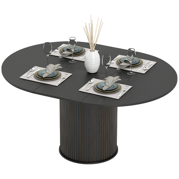 Table de cuisine extensible pour 6 à 8 personnes, style ferme, avec pied central et finition bois noir.