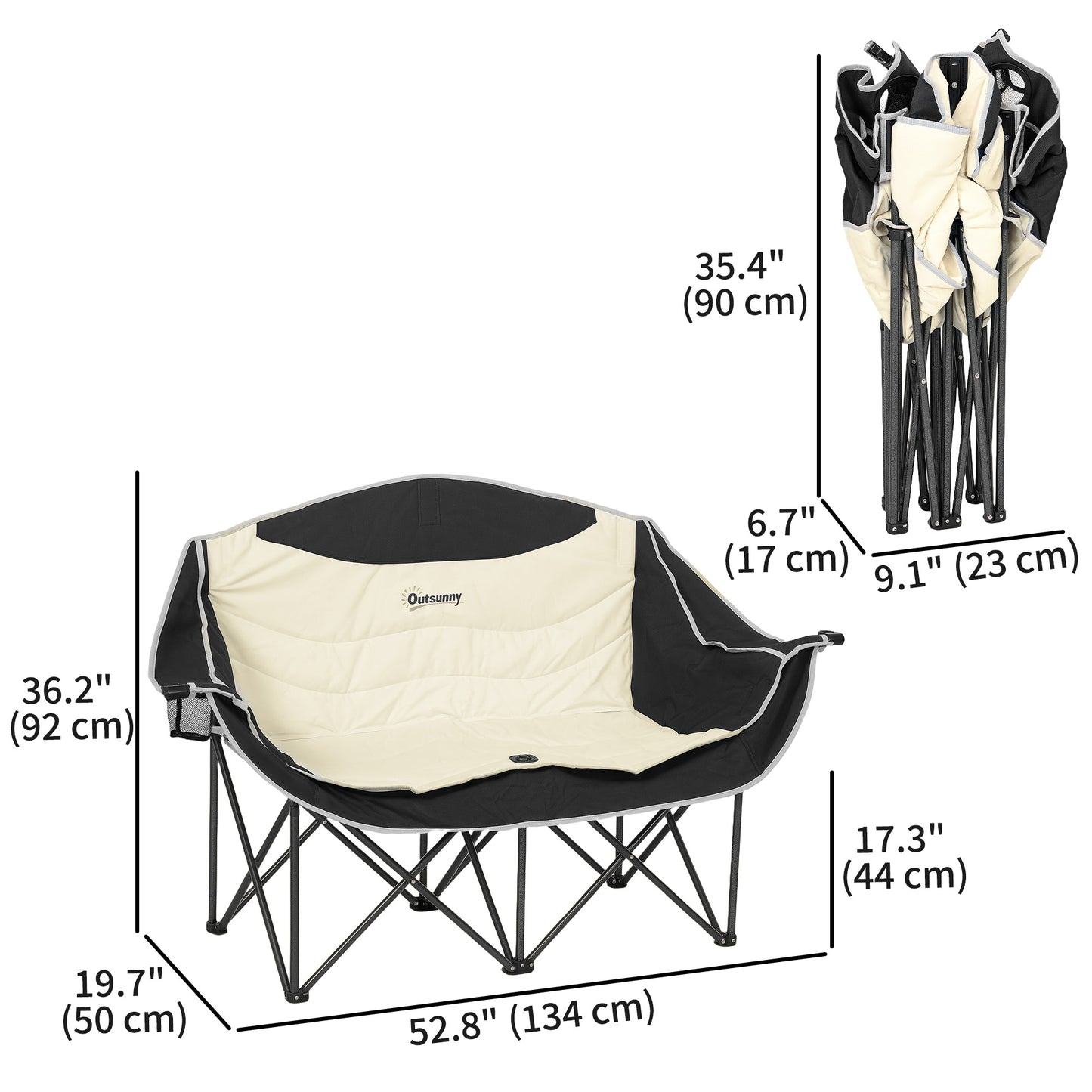 Chaise de camping double avec porte-gobelets et sac de transport, capacité de charge : 250 kg, kaki