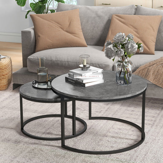 Lot de 2 tables basses modernes avec base en métal pour salon, imitation marbre gris