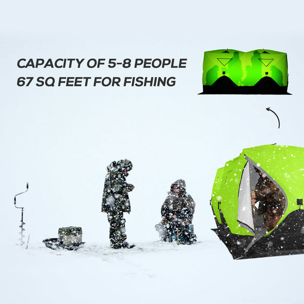 Insulated ice fishing shelter for 8 people, with ventilation windows and carry bag, for temperatures down to -30°C, green