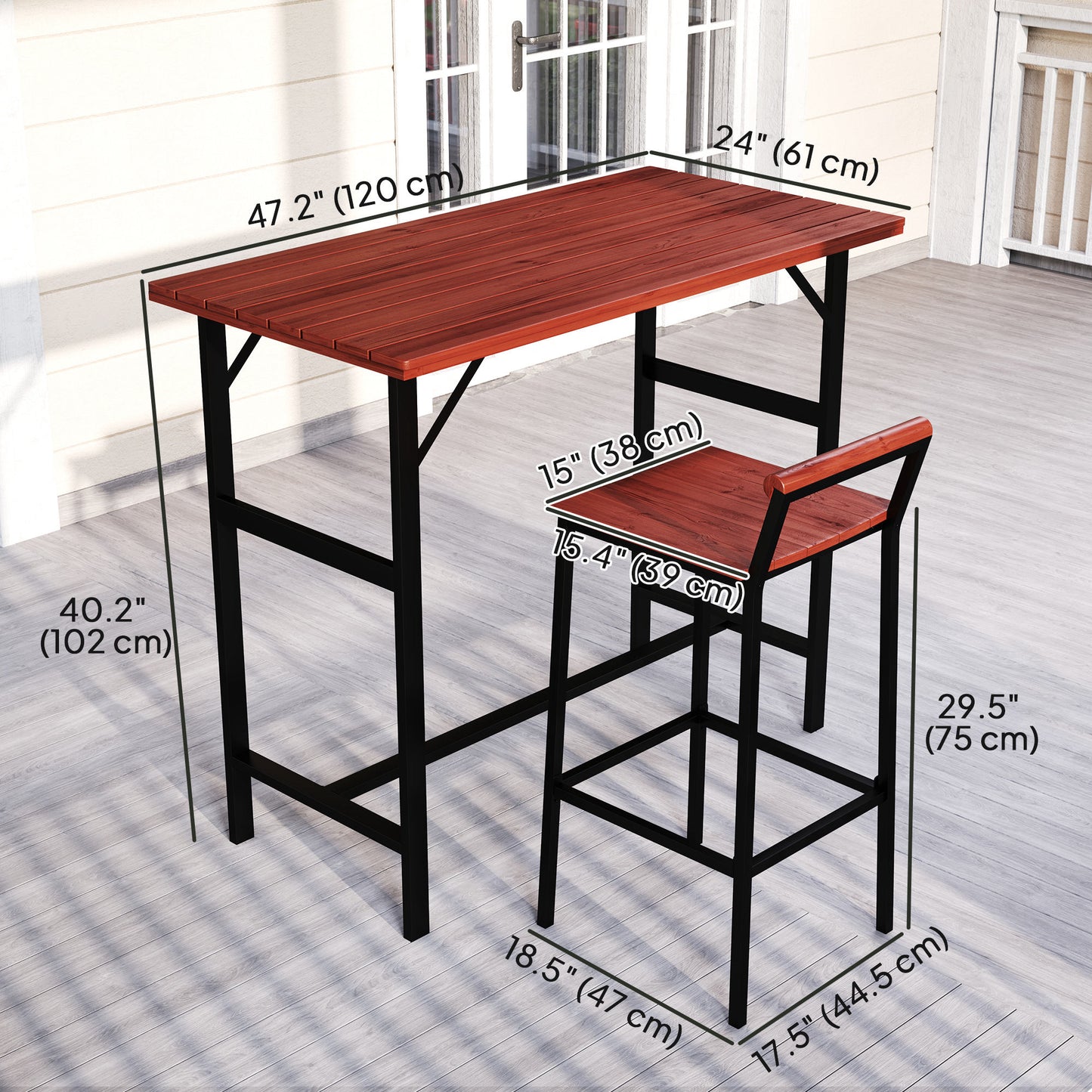 Ensemble de bar Outsunny 5 pièces avec table de 119 cm et 4 tabourets de bar, pour jardin, balcon, véranda, piscine, pelouse, marron
