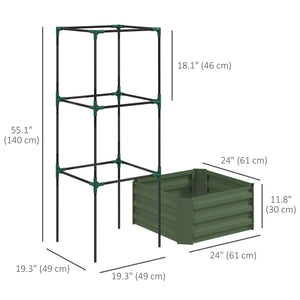 Raised galvanized planter with 3-tier trellis, green