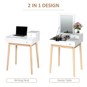 Coiffeuse avec miroir rabattable et 2 tiroirs, blanche