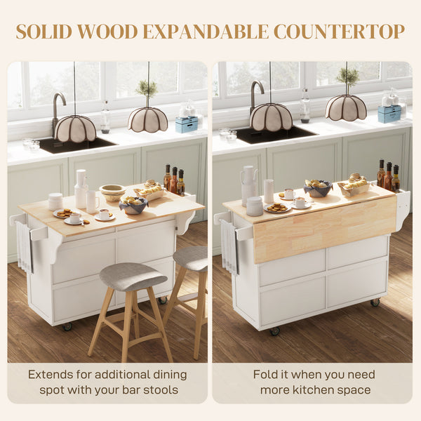 Îlot de cuisine avec rangement avec abattant, plateau en bois d'hévéa et étagères réglables, blanc crème