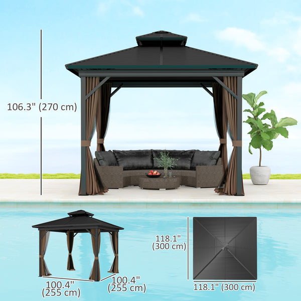 10x10 Gazebo with Double-Tiered Metal Roof, Mosquito Netting, and Hanging Hook, Dark Brown