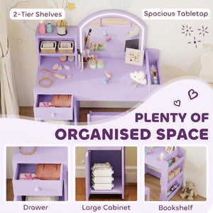 Coiffeuse pour enfant avec miroir LED bicolore, rangements et chaise, mauve