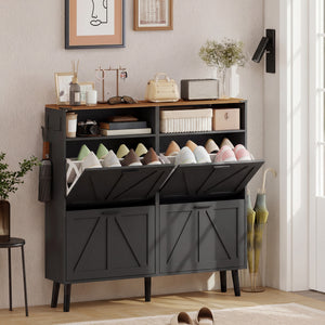 Shoe cabinet with 4 tip-up drawers, country style, narrow, holds up to 24 pairs, black