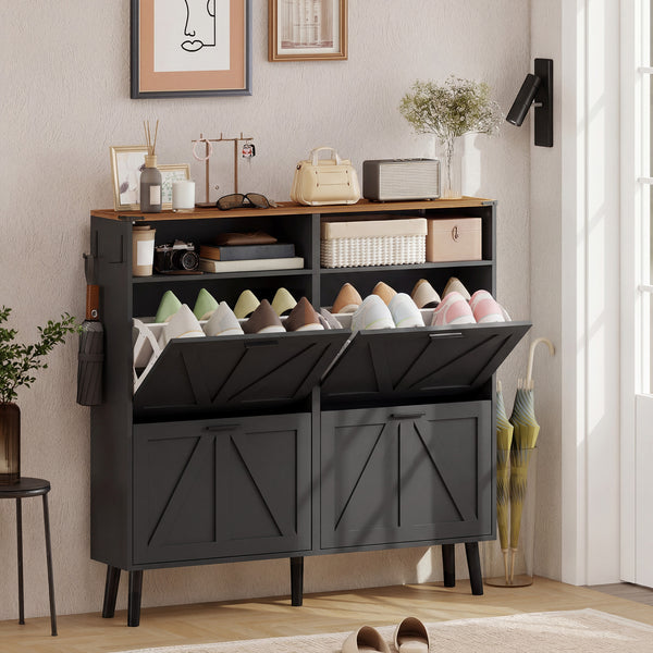Shoe cabinet with 4 tip-up drawers, country style, narrow, holds up to 24 pairs, black