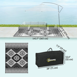 Tapis d'extérieur 9' x 12' pour camping-car, tapis de sol réversible avec sac de transport, motif losange dentelé, blanc et noir