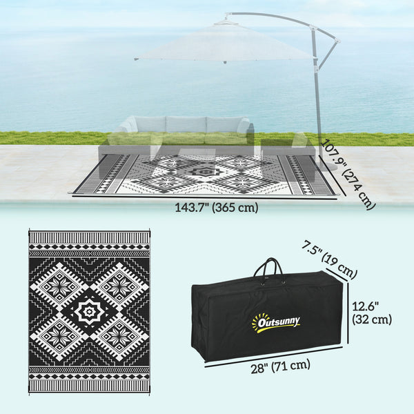 Tapis d'extérieur 9' x 12' pour camping-car, tapis de sol réversible avec sac de transport, motif losange dentelé, blanc et noir