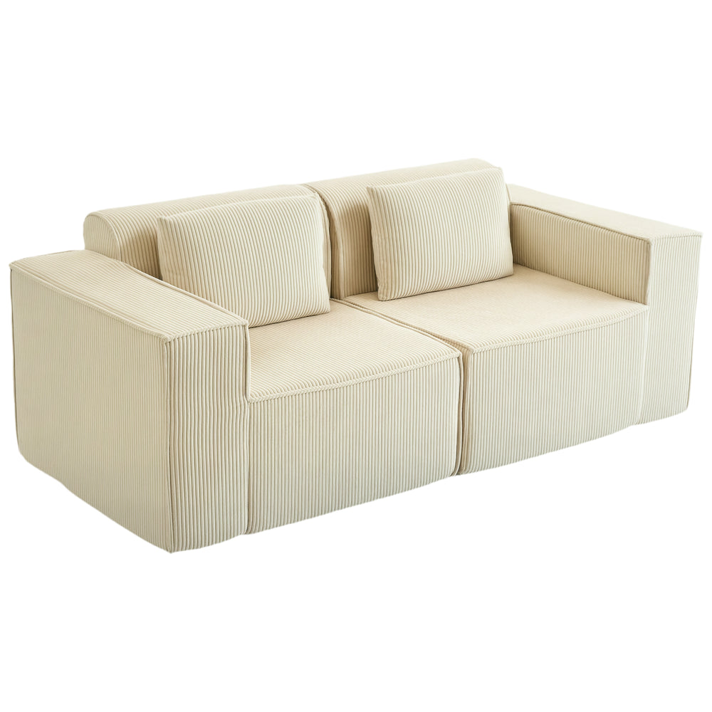 Canapé 3 places en velours côtelé avec assise profonde, larges accoudoirs, 2 coussins, Beige