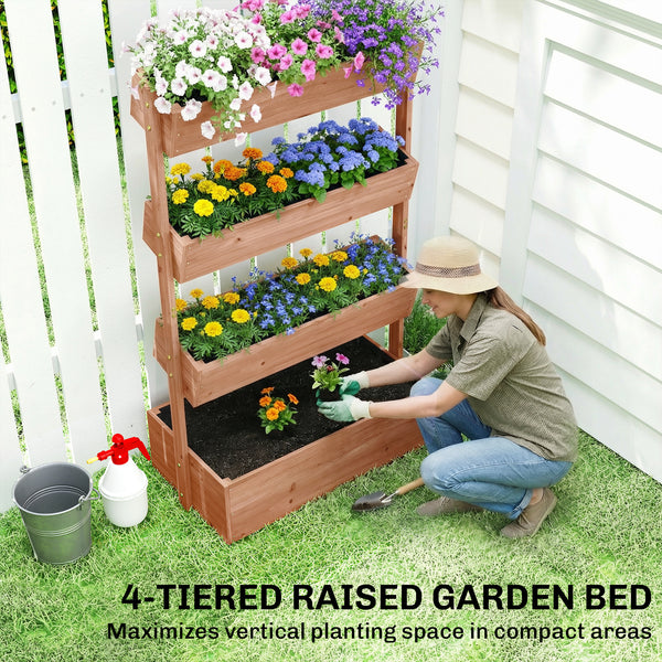 4-Tier Vertical Raised Garden Bed Outdoor Wooden Planter with Drainage Holes and Fabric Liner