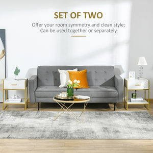 Lot de 2 tables de chevet modernes avec tiroir et étagère, blanc et doré