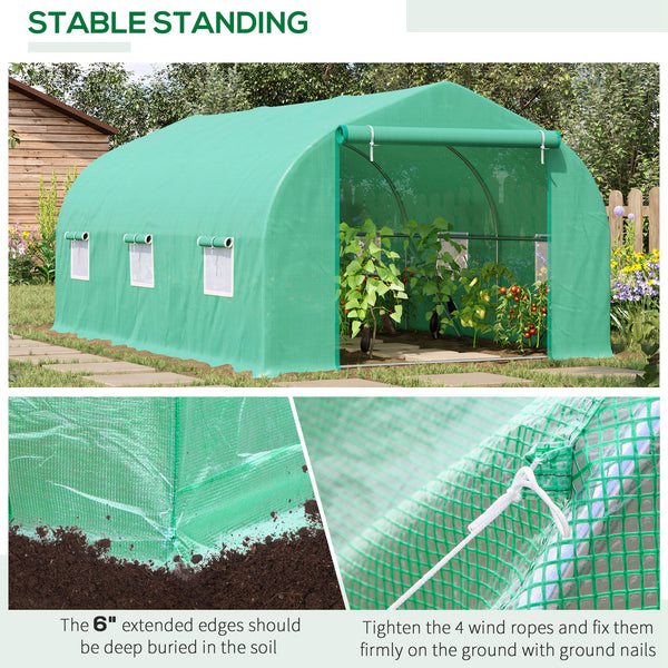 Serre tunnel de jardin avec porte enroulable et 6 fenêtres grillagées, structure en acier, verte