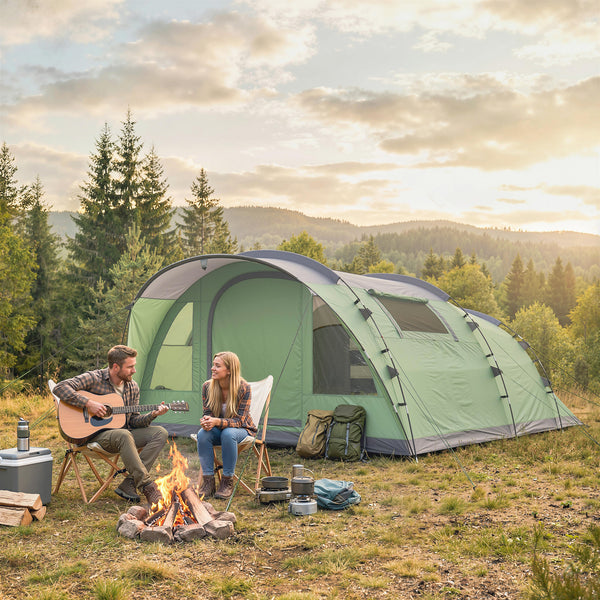 Tente de camping multi-pièces pour 5 personnes, facile à monter avec 4 fenêtres et un porche, vert clair
