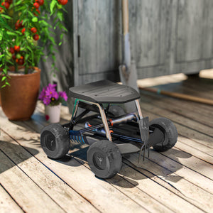 Tabouret de jardin roulant avec plateau porte-outils intégré