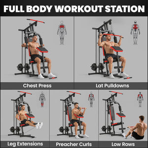 Appareil de musculation multifonctionnel avec système de poulies pour un entraînement complet du corps, noir.