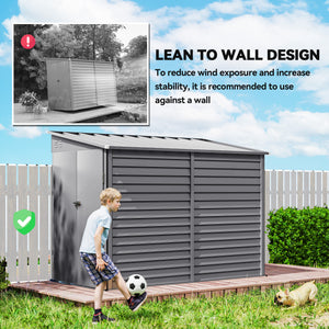 Abri de jardin adossé en acier avec kit de fondation, portes verrouillables, gris