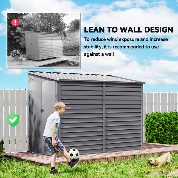 Abri de jardin adossé en acier avec kit de fondation, portes verrouillables, gris