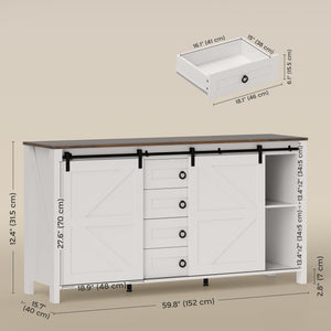 Buffet avec portes coulissantes de style grange, tiroirs et étagères réglables, blanc crème