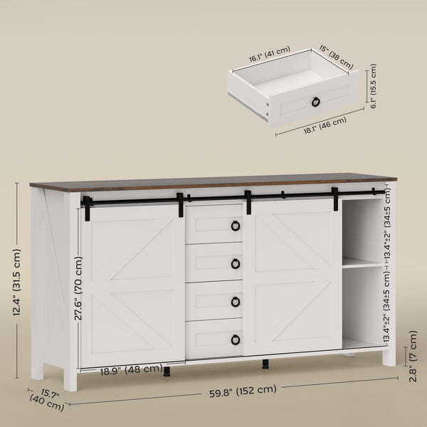 Buffet avec portes coulissantes de style grange, tiroirs et étagères réglables, blanc crème