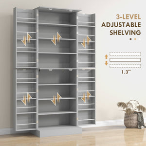 Meuble de cuisine 65 pouces, garde-manger avec 4 portes et 16 étagères pour salle à manger, gris