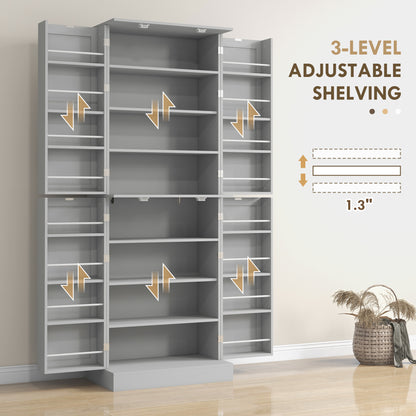 65-inch Kitchen Cabinet, Pantry with 4 Doors and 16 Shelves for Dining Room, Gray