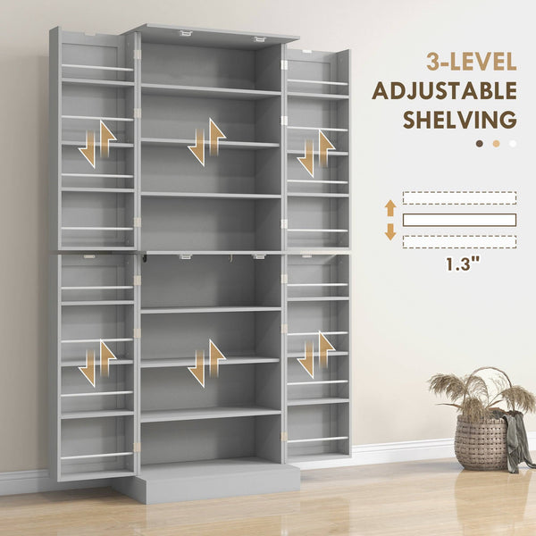 Meuble de cuisine 65 pouces, garde-manger avec 4 portes et 16 étagères pour salle à manger, gris