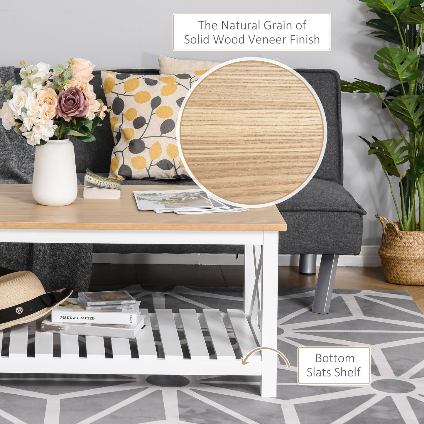 Table basse de style campagnard avec étagère inférieure à lattes, blanc, naturel