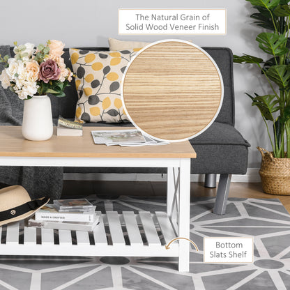 Table basse de style campagnard avec étagère inférieure à lattes, blanc, naturel