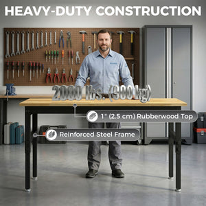 60" Adjustable Workbench, Heavy Duty Work Table with Rubber Wood Top, Power Outlets, Pegboard, 2000 LBS Capacity