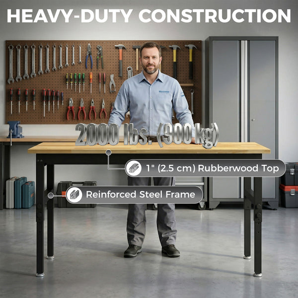 60" Adjustable Workbench, Heavy Duty Work Table with Rubber Wood Top, Power Outlets, Pegboard, 2000 LBS Capacity