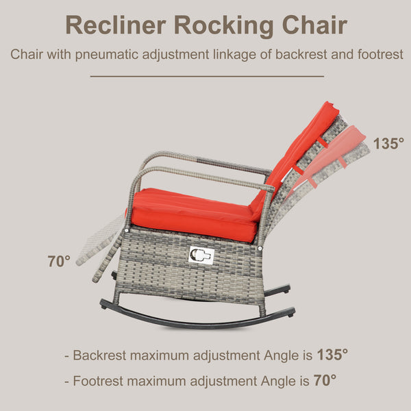 Outdoor Wicker Rocking Chair with Cushion, Patio PE Rattan Recliner Chair with Adjustable Footrest, Armrests, Red