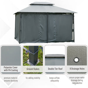 13'L x 10'W x 8.7'H Patio Gazebo Outdoor 2-Tiers Garden Canopy Yard Sunshade Shelter with Curtains, Grey