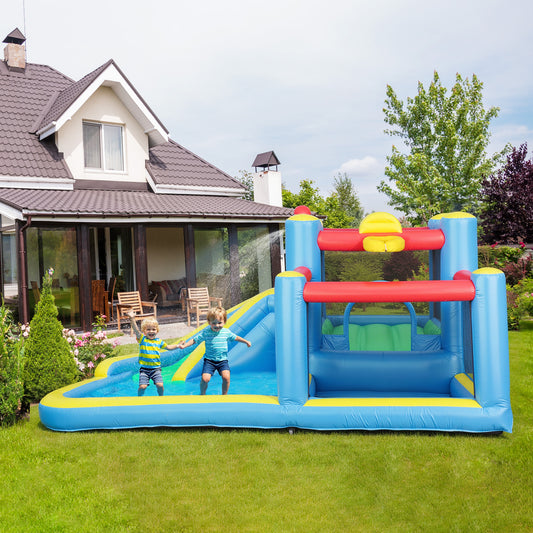 Château gonflable Qaba pour enfants avec souffleur 550 W, toboggan aquatique, 2 pataugeoires, panier de basket, jeu de fléchettes, 12,6' x 9,5' x 5,9'