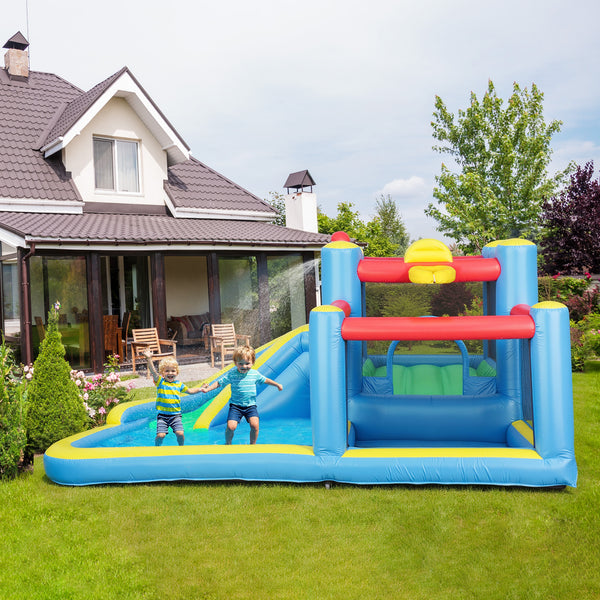 Château gonflable pour enfants avec souffleur 550 W, toboggan aquatique, 2 pataugeoires, panier de basket, jeu de fléchettes, 12,6' x 9,5' x 5,9'