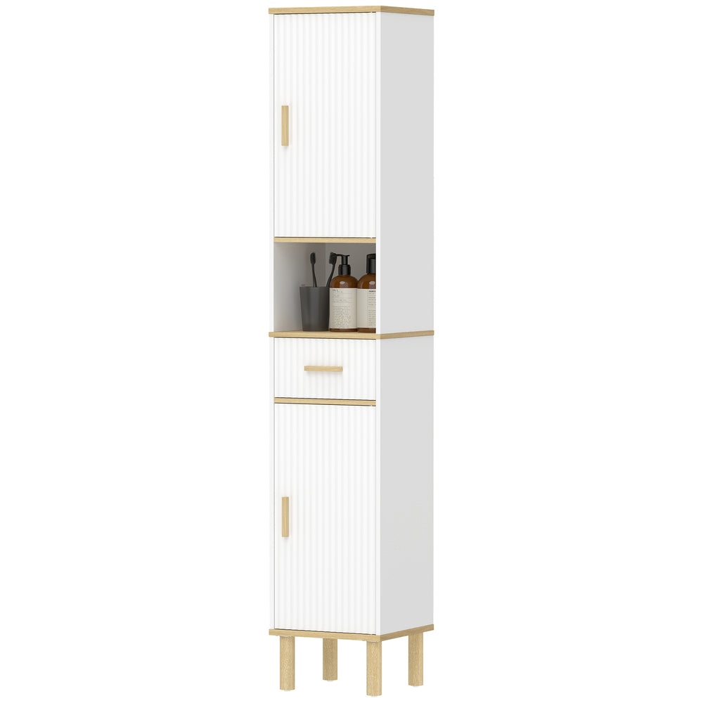 Armoire de rangement haute pour salle de bain avec tiroir, étagères réglables, compartiment ouvert, blanc