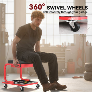 Rolling workshop stool with tool storage and drawer, black.