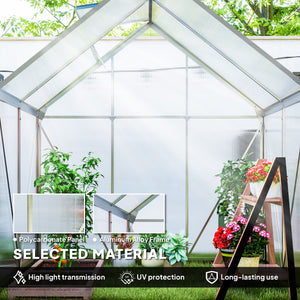 Polycarbonate greenhouse with adjustable roof ventilation, base, sliding door, transparent